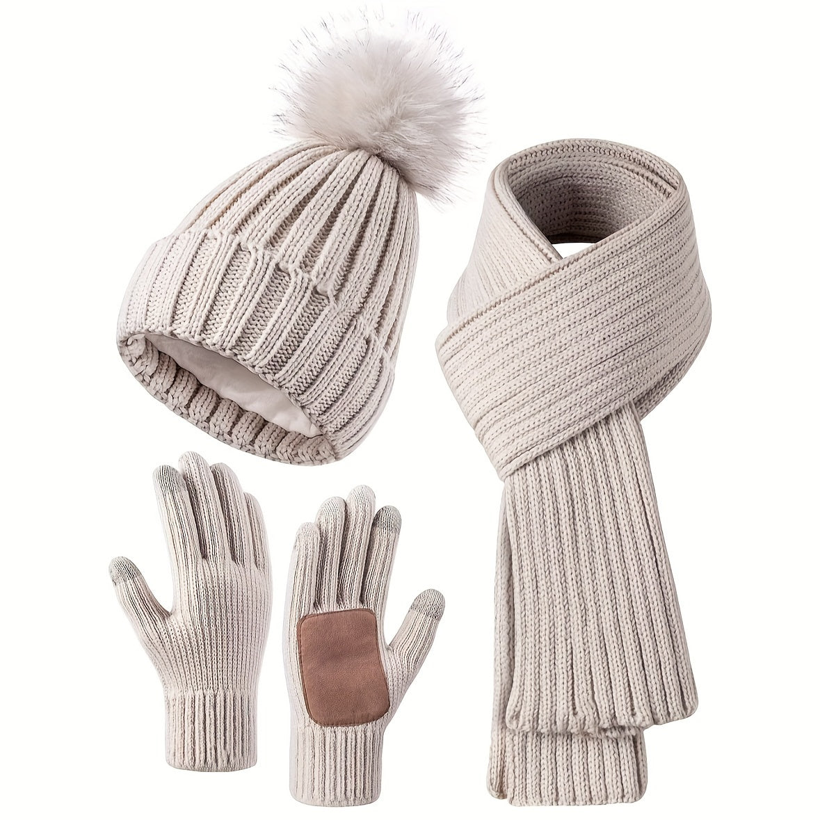 Set Invernale da Donna da 3 Pezzi - Berretto con Pom-Pom, Sciarpa e Guanti Touchscreen