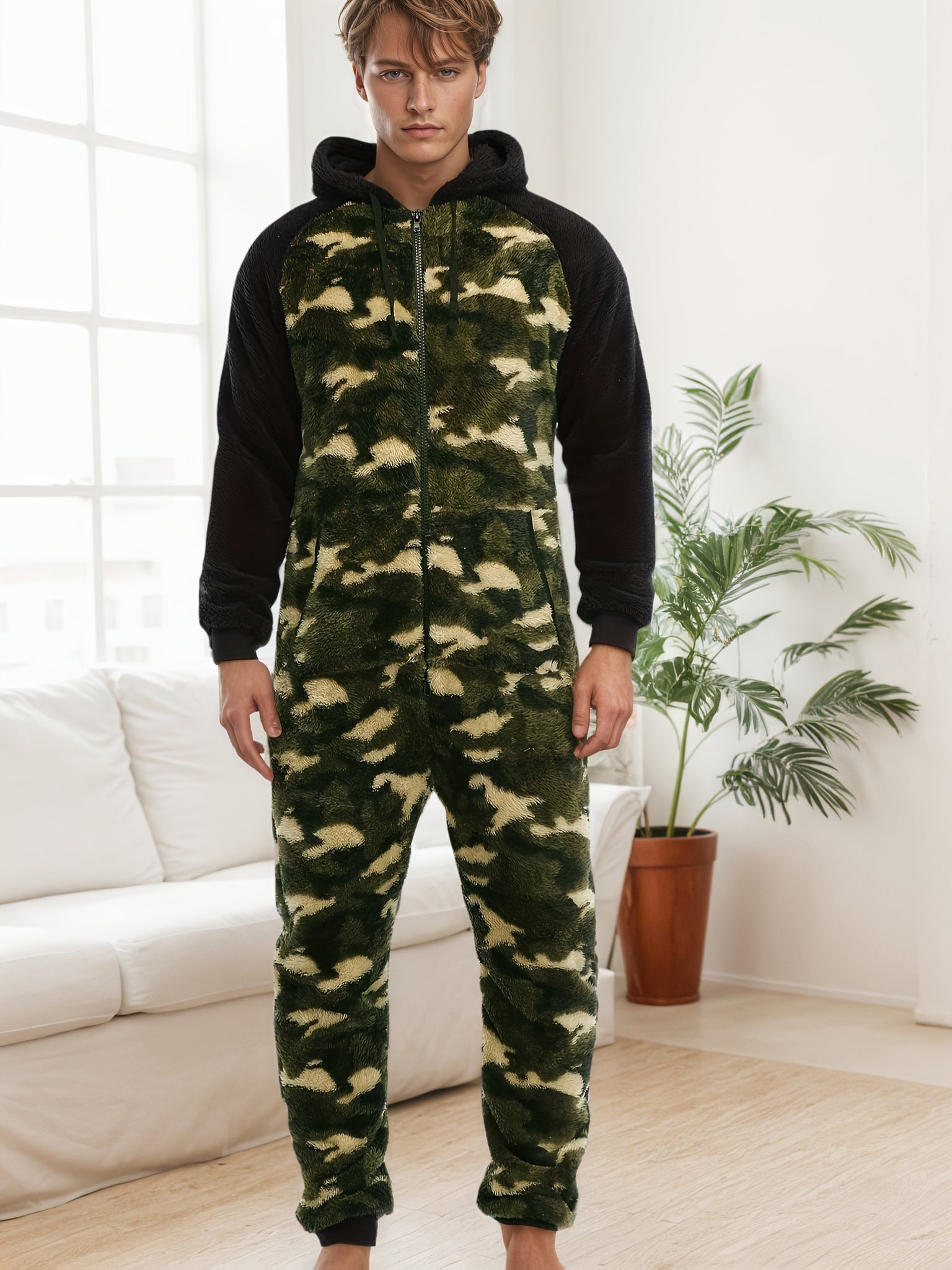 Mono entero para hombre negro y camuflaje - con capucha y cremallera