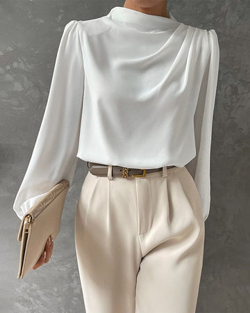 Blusa Bianca Elegante con Rouches e Collo Alto da Donna