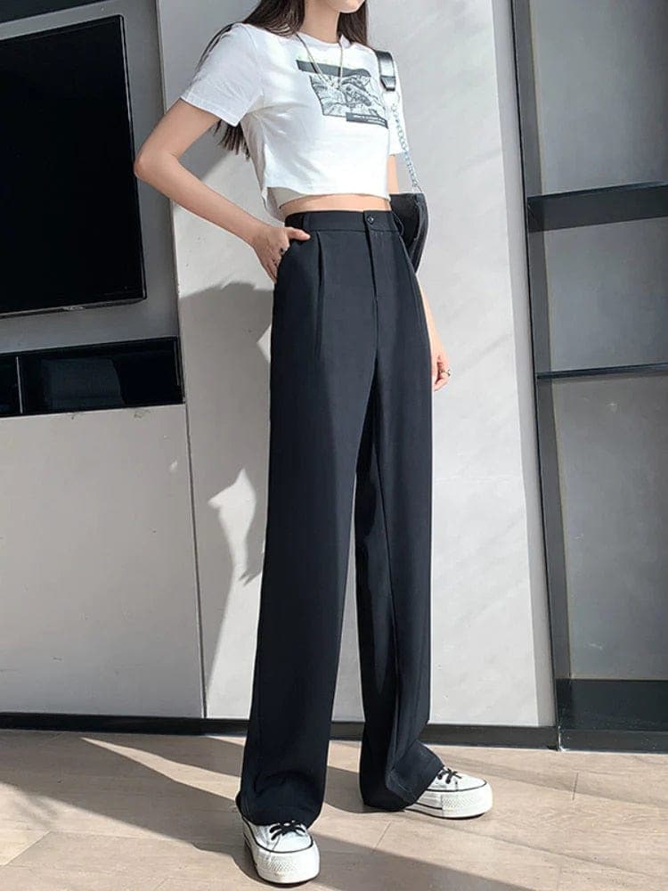 Pantalones de trabajo para mujer de talle alto - Frente plisado y pierna palazzo