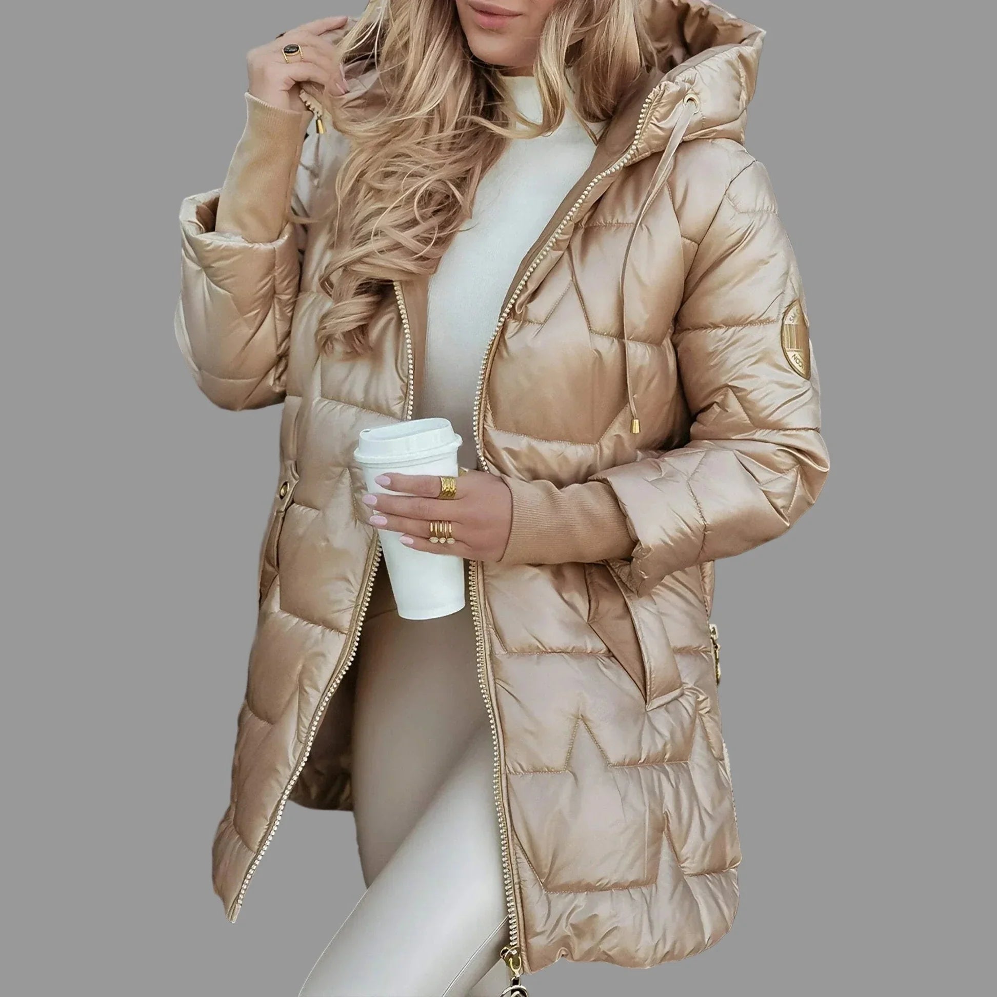 Cappotto Lungo con Cappuccio da Donna - Cappuccio e Chiusura a Cerniera Completa
