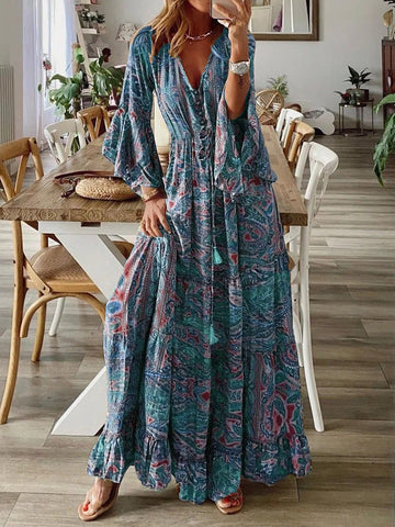 Abito Lungo Boho con Volant e Maniche a Campana per Donna