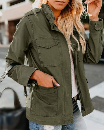 Chaqueta Utility para Mujer - Múltiples Bolsillos y Cuello Alto