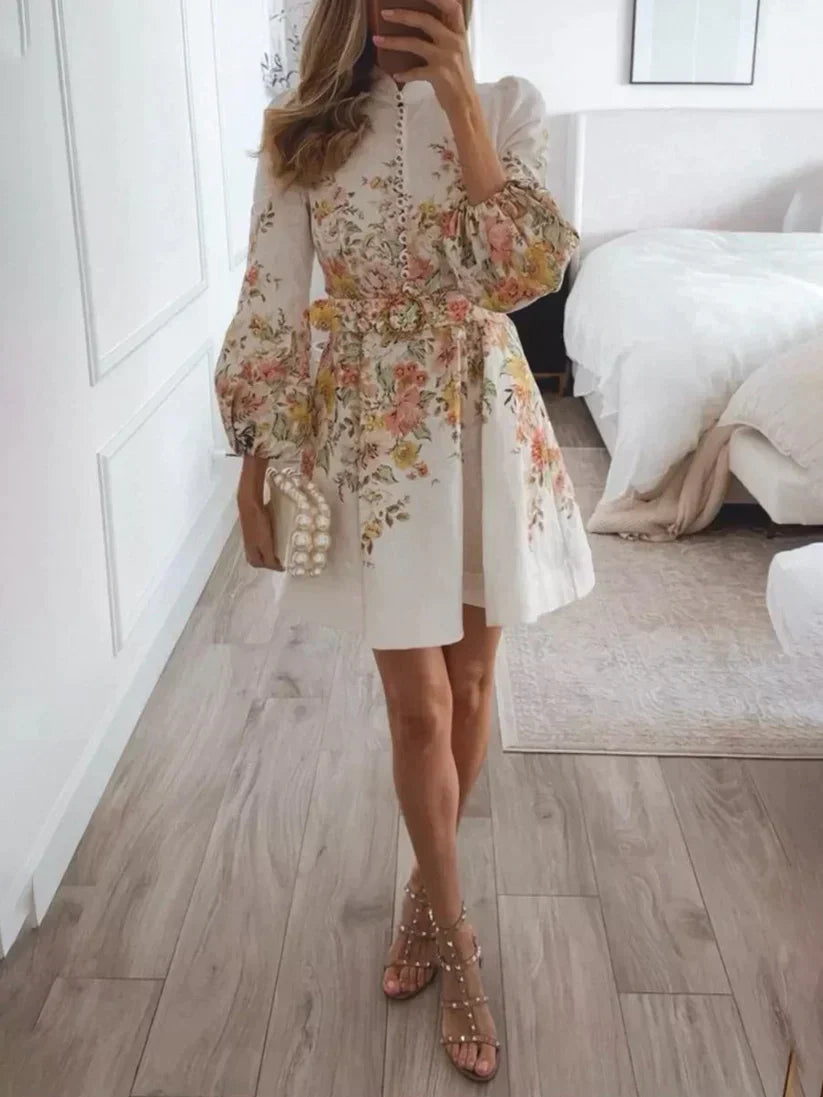 Abito Mini Bianco alla Moda con Stampa Floreale e Bottoni per Donna | Lina