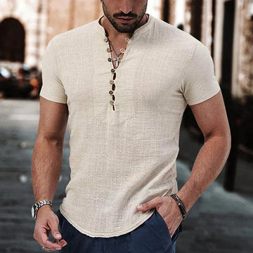Camicia Henley da Uomo in Misto Lino - Slim Fit Manica Corta Casual