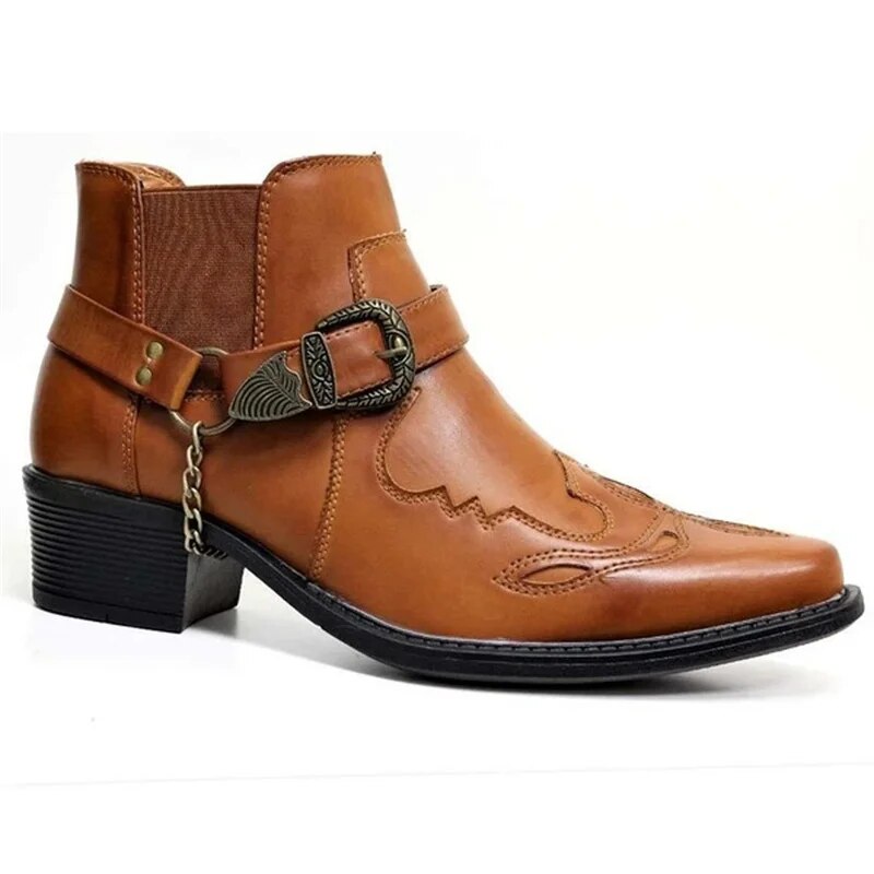 Stivali Cowboy Uomo in Pelle Alla Caviglia Slip-On - Suola Robusta
