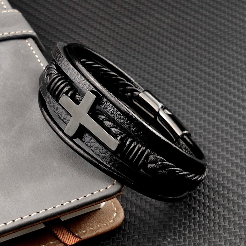 Pulsera negra con cruz elegante para hombre | Damon